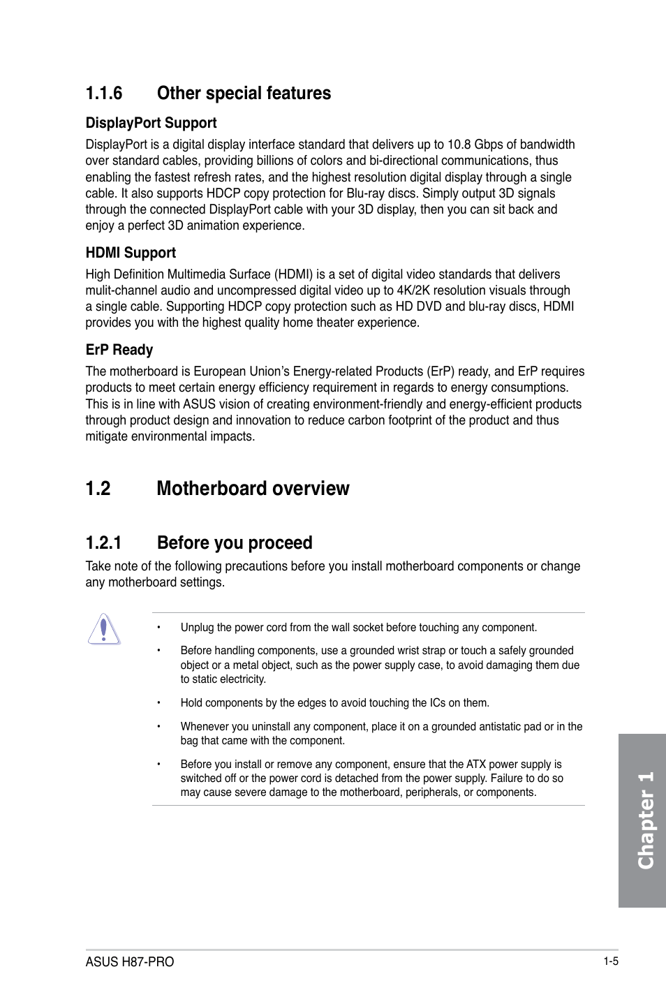 6 other special features, 2 motherboard overview, 1 before you proceed | Other special features -5, Motherboard overview -5 1.2.1, Before you proceed -5, Chapter 1 | Asus H87-PRO User Manual | Page 19 / 140