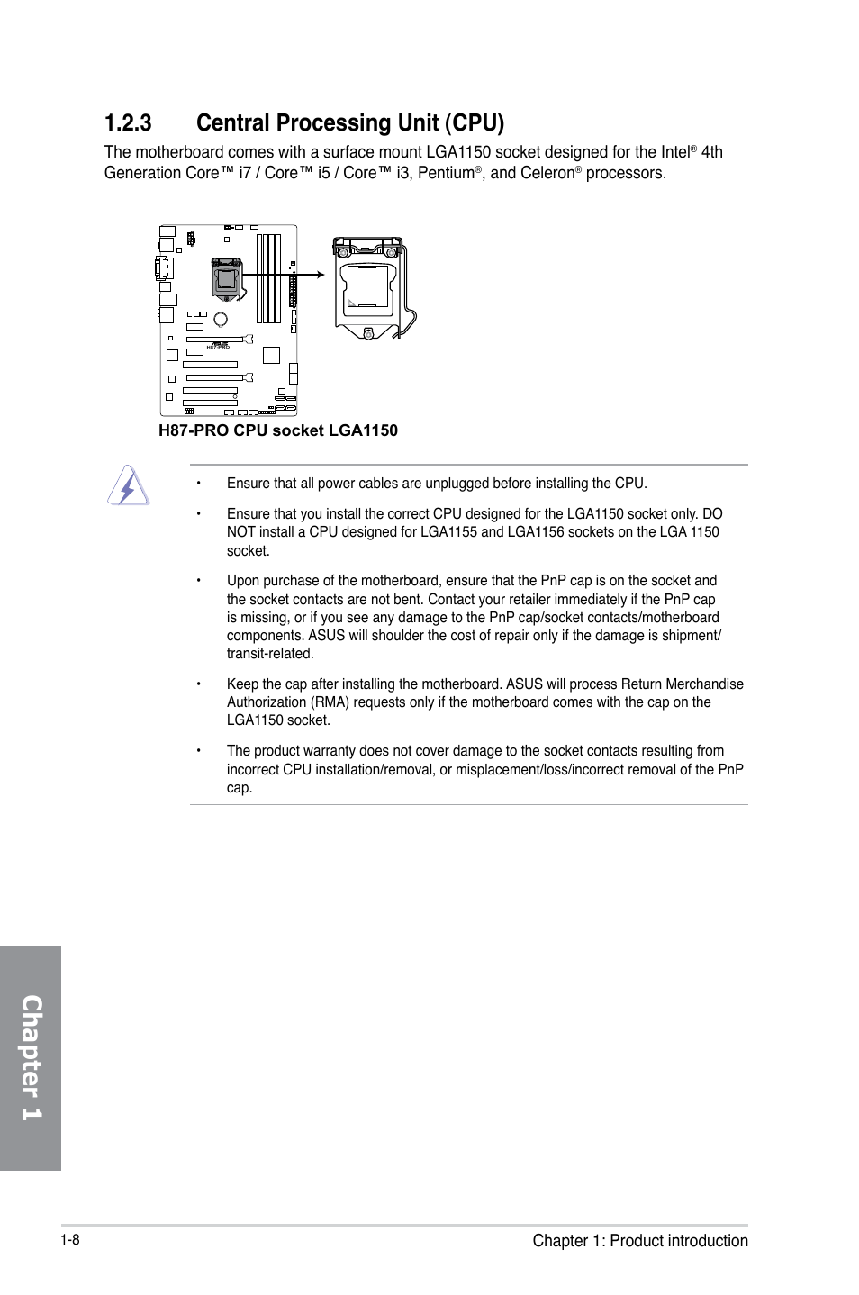 3 central processing unit (cpu), Central processing unit (cpu) -8, Chapter 1 | Asus H87-PRO User Manual | Page 22 / 140