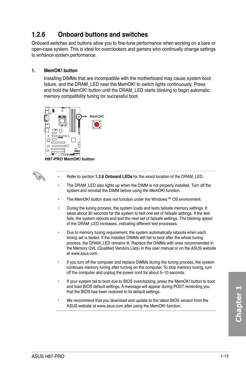 6 onboard buttons and switches, Onboard buttons and switches -13, Chapter 1 | Asus H87-PRO User Manual | Page 27 / 140