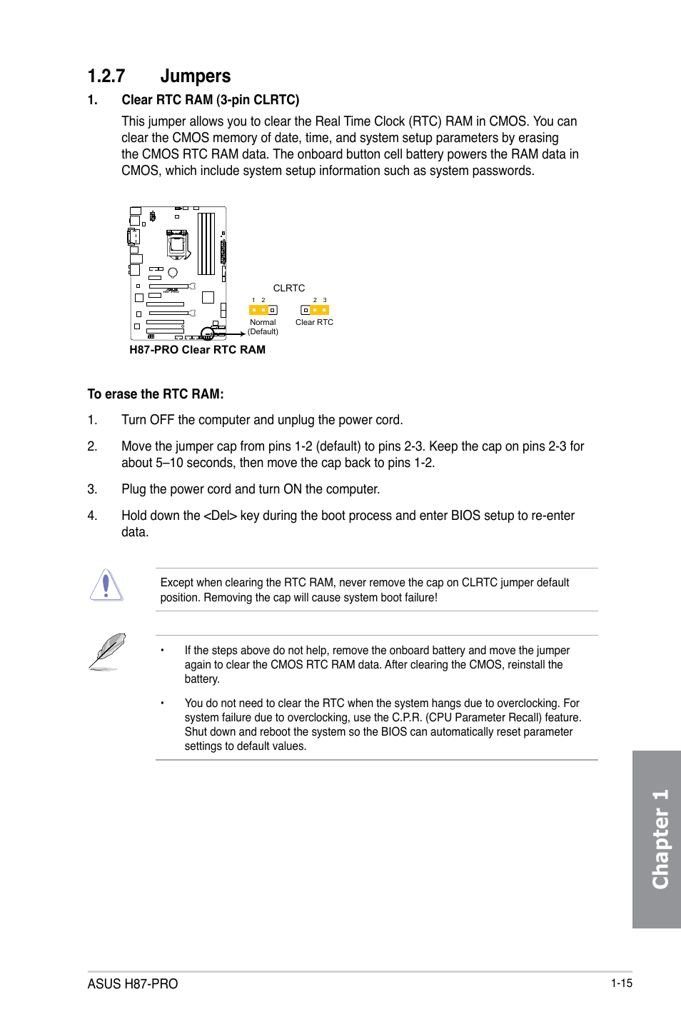 7 jumpers, Jumpers -15, Chapter 1 | Asus H87-PRO User Manual | Page 29 / 140