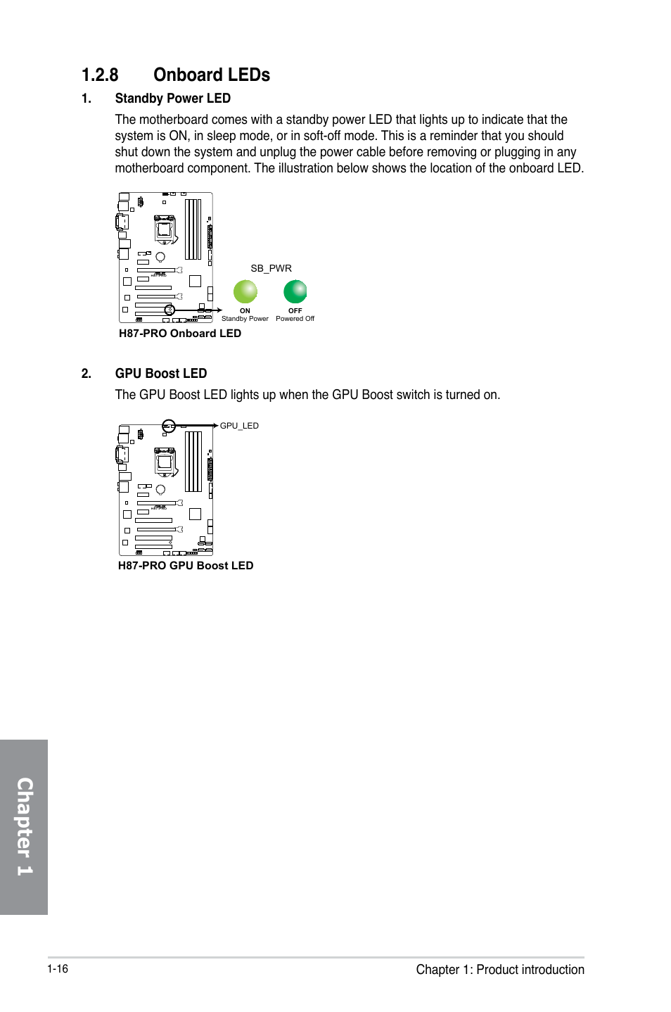 8 onboard leds, Onboard leds -16, Chapter 1 | Asus H87-PRO User Manual | Page 30 / 140