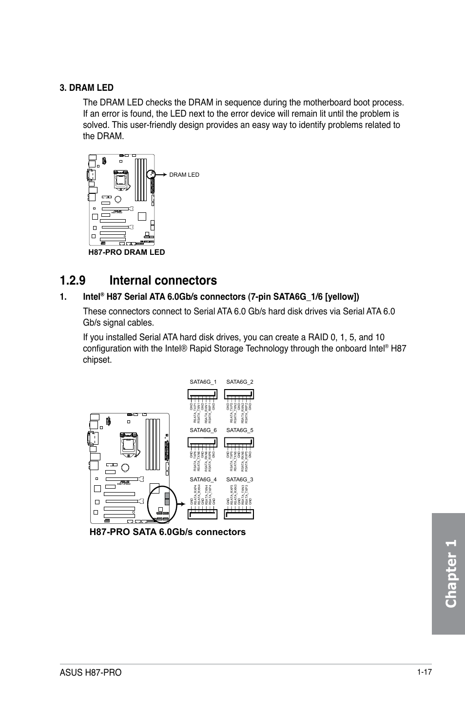 9 internal connectors, Internal connectors -17, Chapter 1 | Asus h87-pro, Intel, H87 chipset, H87-pro sata 6.0gb/s connectors | Asus H87-PRO User Manual | Page 31 / 140