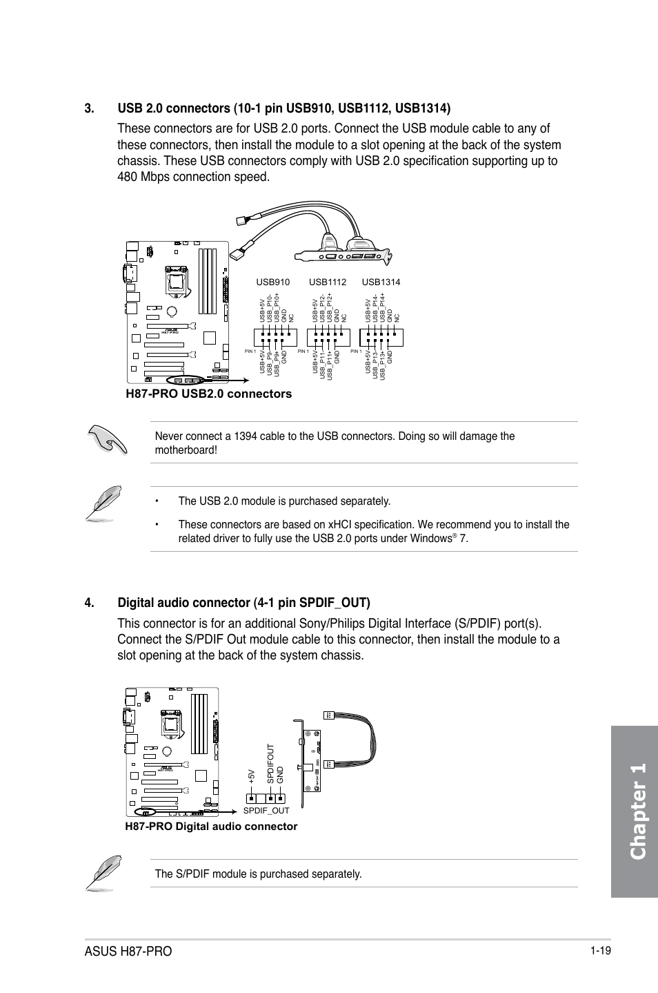 Chapter 1, Asus h87-pro, H87-pro usb2.0 connectors | Asus H87-PRO User Manual | Page 33 / 140