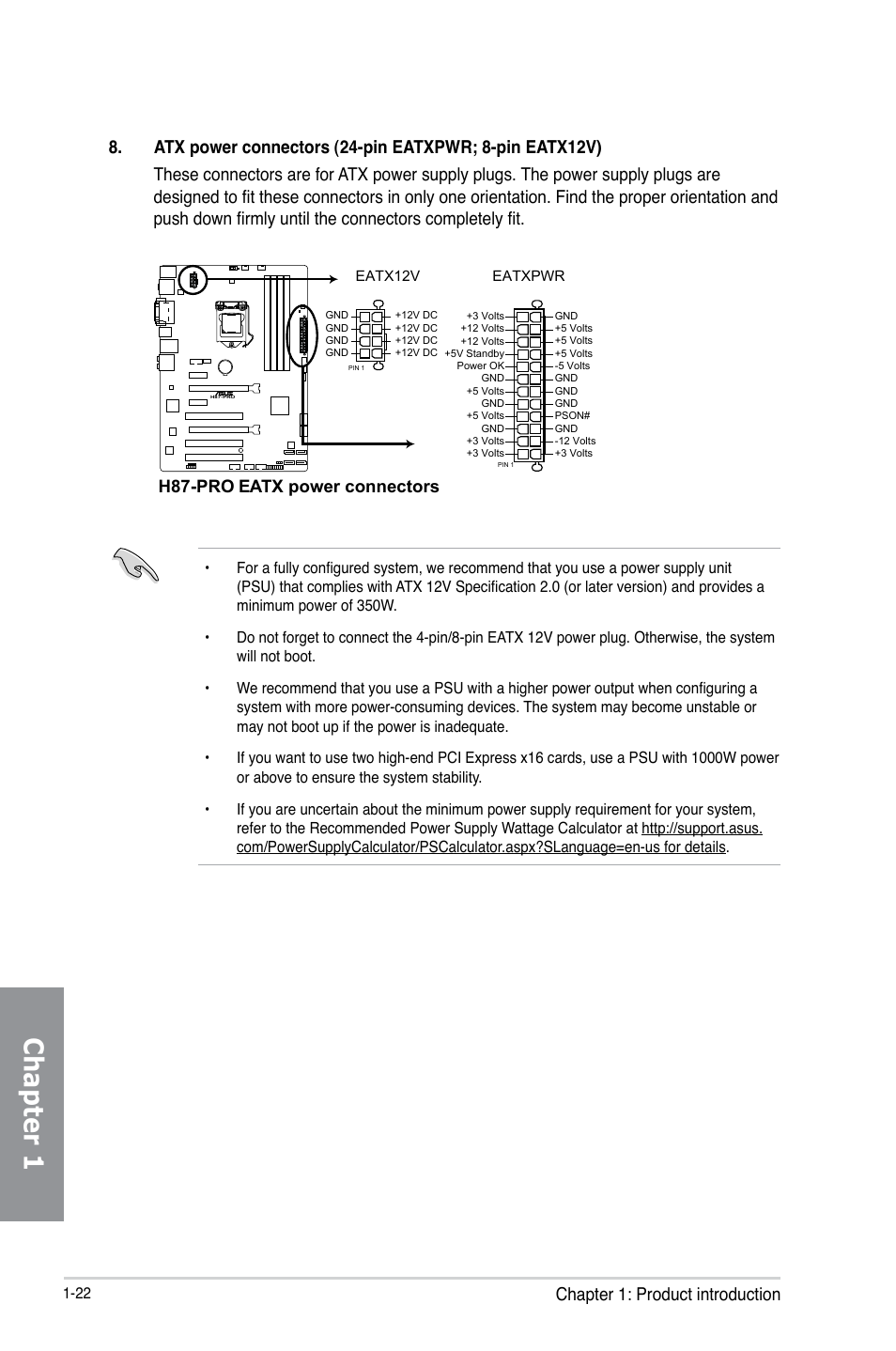 Chapter 1, Chapter 1: product introduction, H87-pro eatx power connectors | Asus H87-PRO User Manual | Page 36 / 140