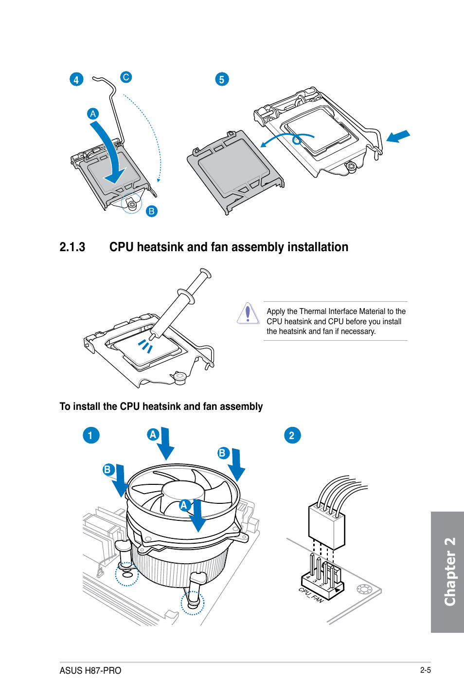 3 cpu heatsink and fan assembly installation, Cpu heatsink and fan assembly installation -5, Chapter 2 | Asus H87-PRO User Manual | Page 42 / 140