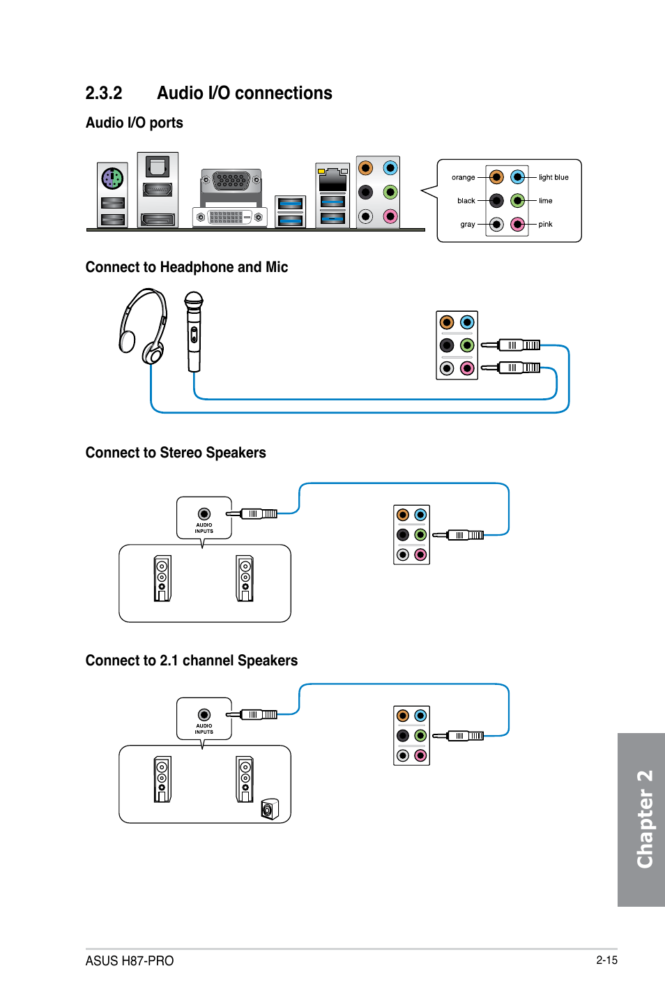 2 audio i/o connections, Audio i/o connections -15, Chapter 2 | Asus H87-PRO User Manual | Page 52 / 140