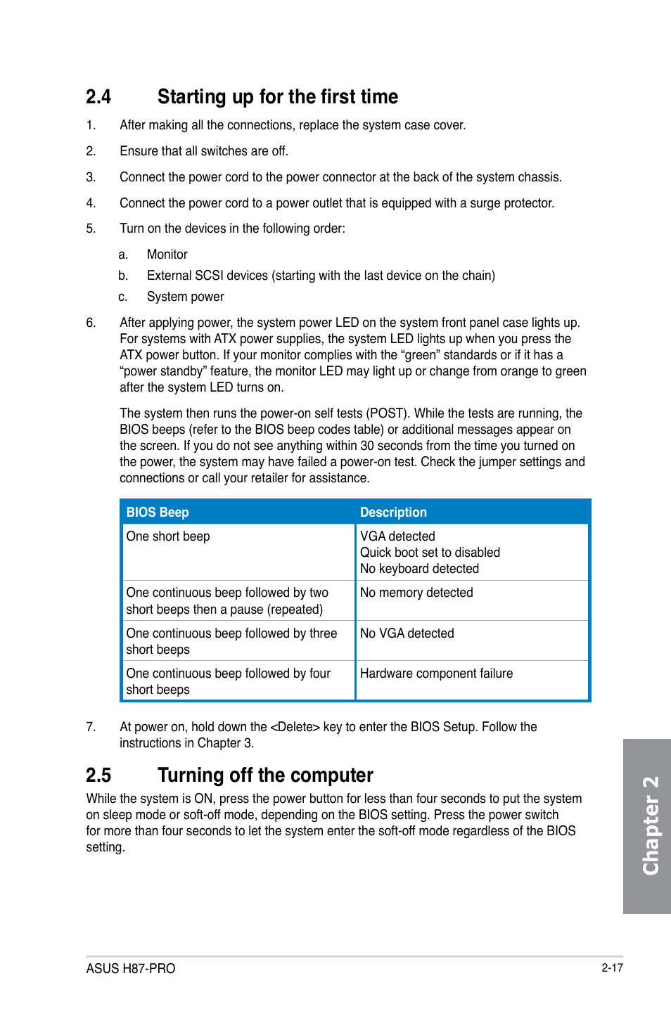 4 starting up for the first time, 5 turning off the computer, Starting up for the first time -17 | Turning off the computer -17, Chapter 2 2.4 starting up for the first time | Asus H87-PRO User Manual | Page 54 / 140