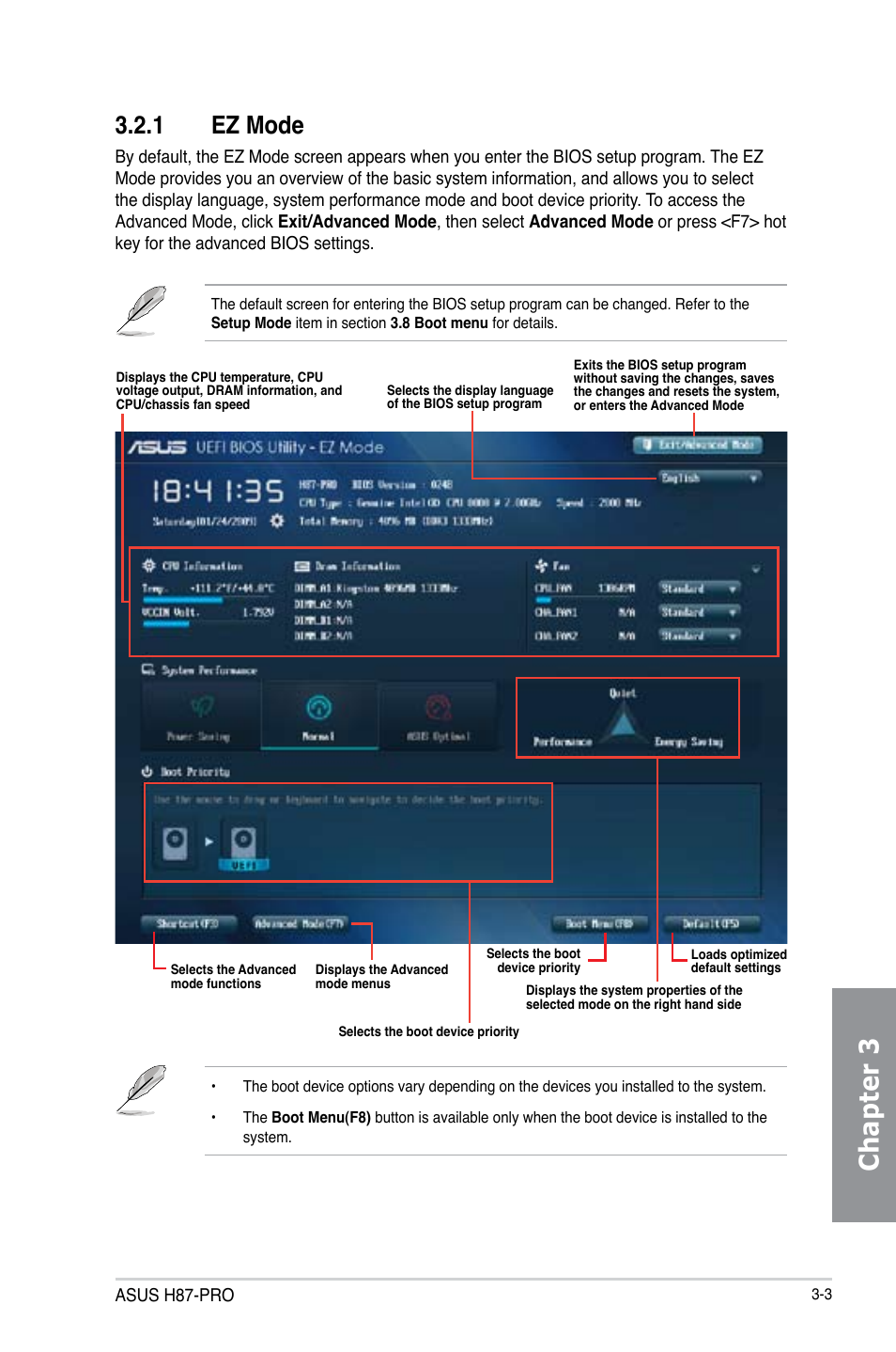 1 ez mode, Ez mode -3, Chapter 3 | Asus H87-PRO User Manual | Page 58 / 140