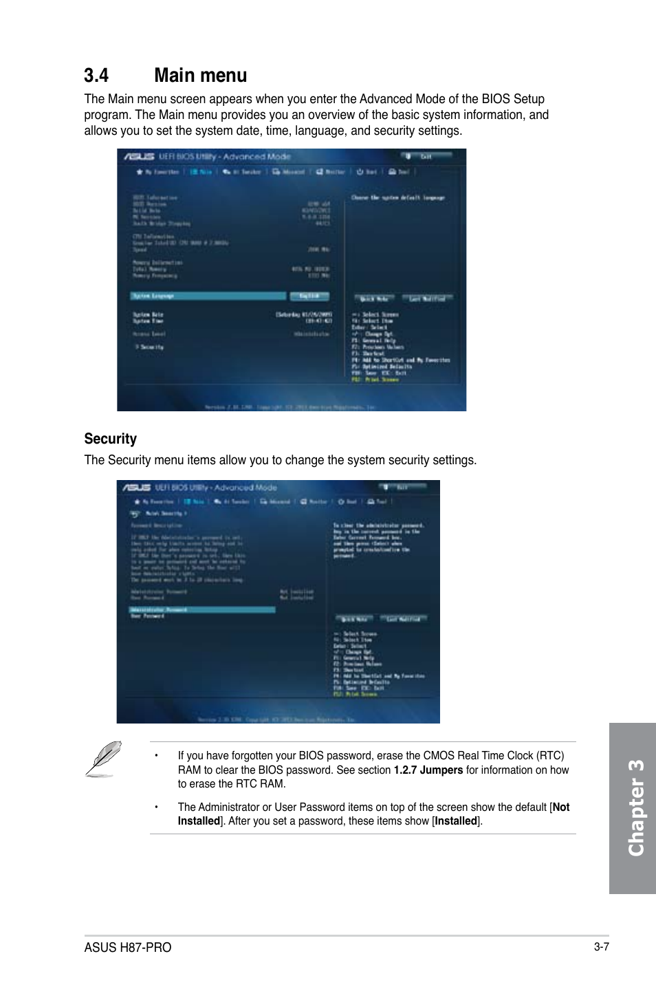 4 main menu, Main menu -7, Chapter 3 3.4 main menu | Asus H87-PRO User Manual | Page 62 / 140