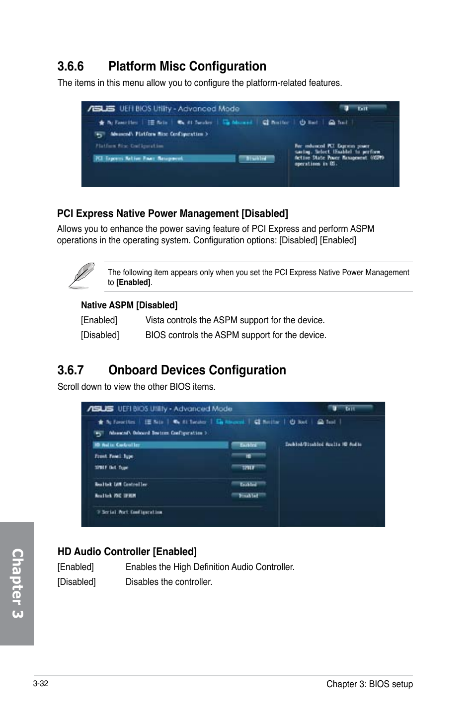 6 platform misc configuration, 7 onboard devices configuration, Platform misc configuration -32 | Onboard devices configuration -32, Chapter 3 | Asus H87-PRO User Manual | Page 87 / 140