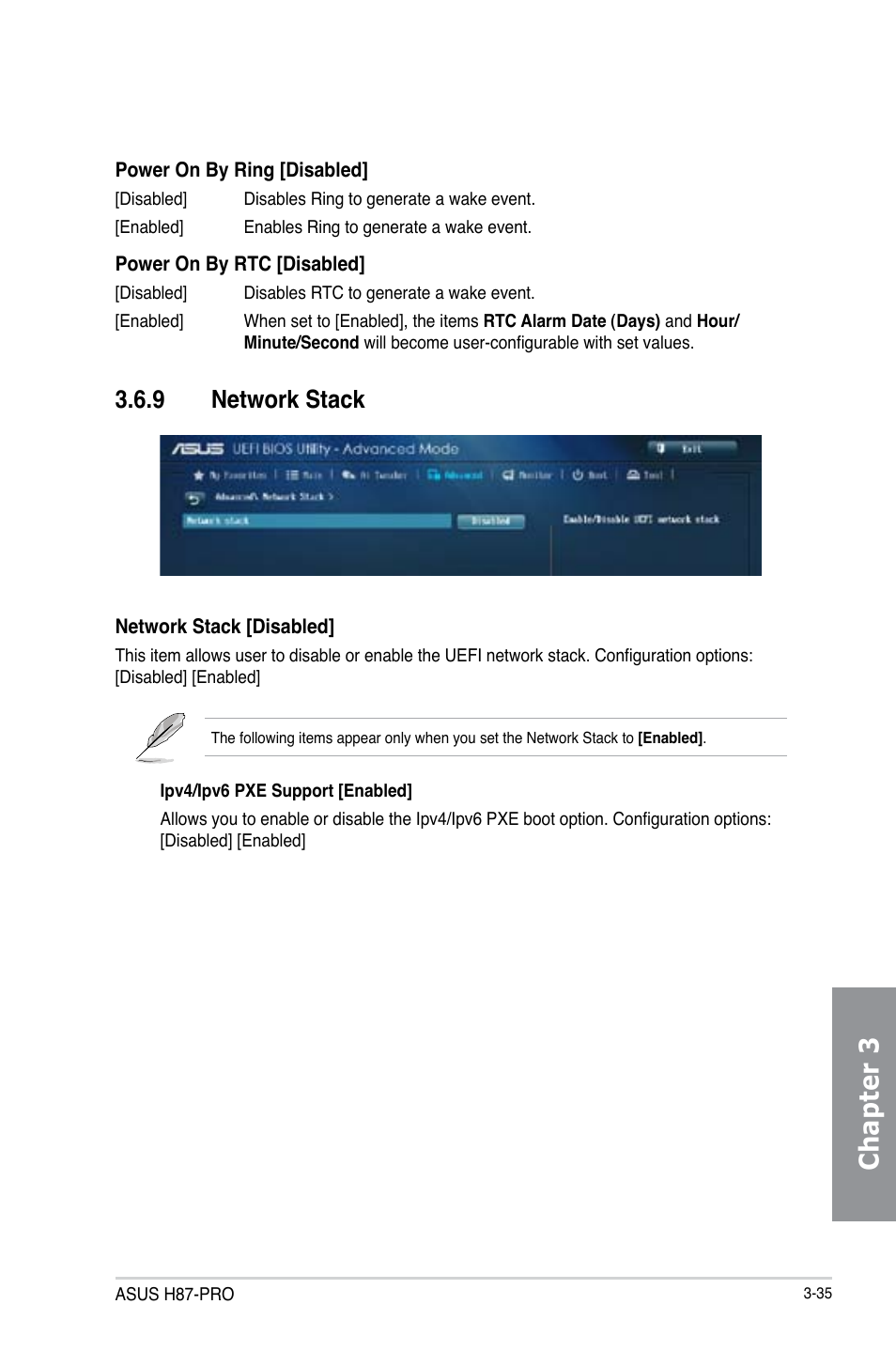 9 network stack, Network stack -35, Chapter 3 | Asus H87-PRO User Manual | Page 90 / 140