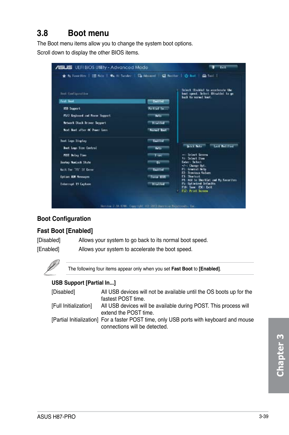 8 boot menu, Boot menu -39, Chapter 3 3.8 boot menu | Asus H87-PRO User Manual | Page 94 / 140