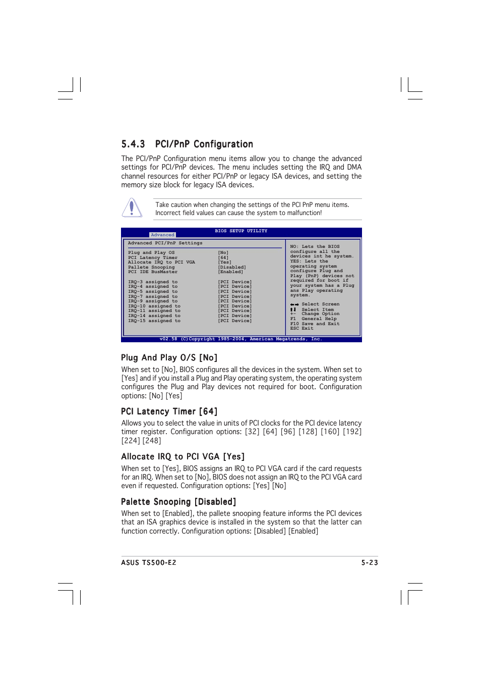 Plug and play o/s [no, Pci latency timer [64, Allocate irq to pci vga [yes | Palette snooping [disabled | Asus TS500-E2 User Manual | Page 121 / 186