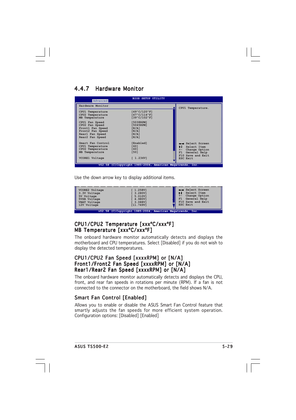 Cpu1/cpu2 temperature [xxxºc/xxxºf, Smart fan control [enabled | Asus TS500-E2 User Manual | Page 127 / 186