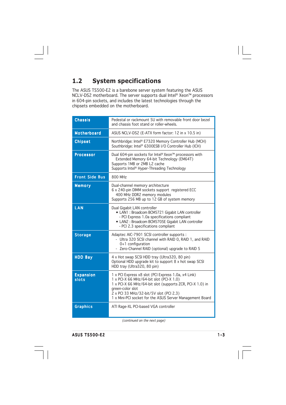 2 system specifications | Asus TS500-E2 User Manual | Page 13 / 186