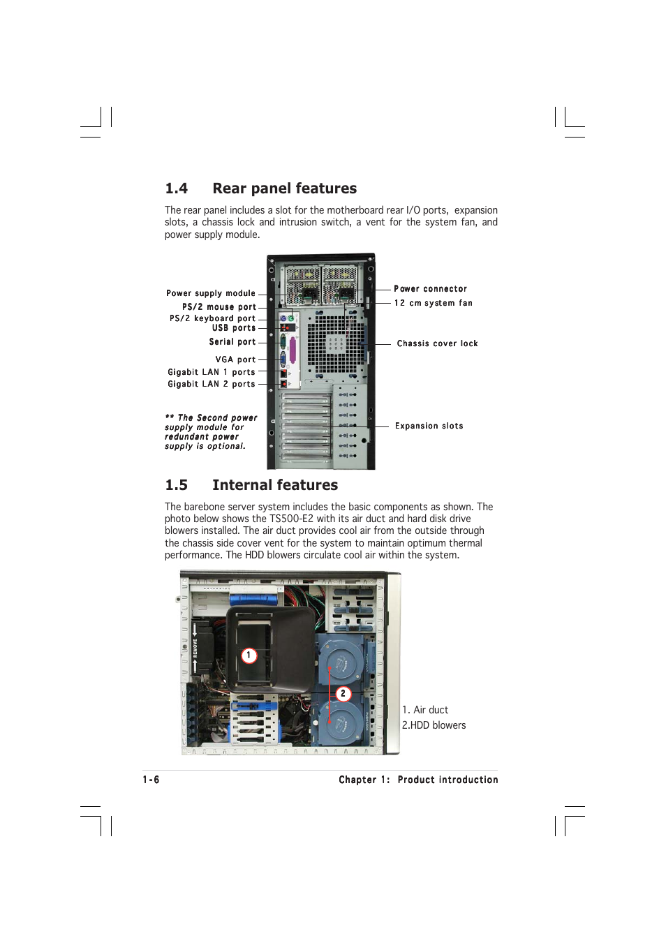 5 internal features, 4 rear panel features | Asus TS500-E2 User Manual | Page 16 / 186
