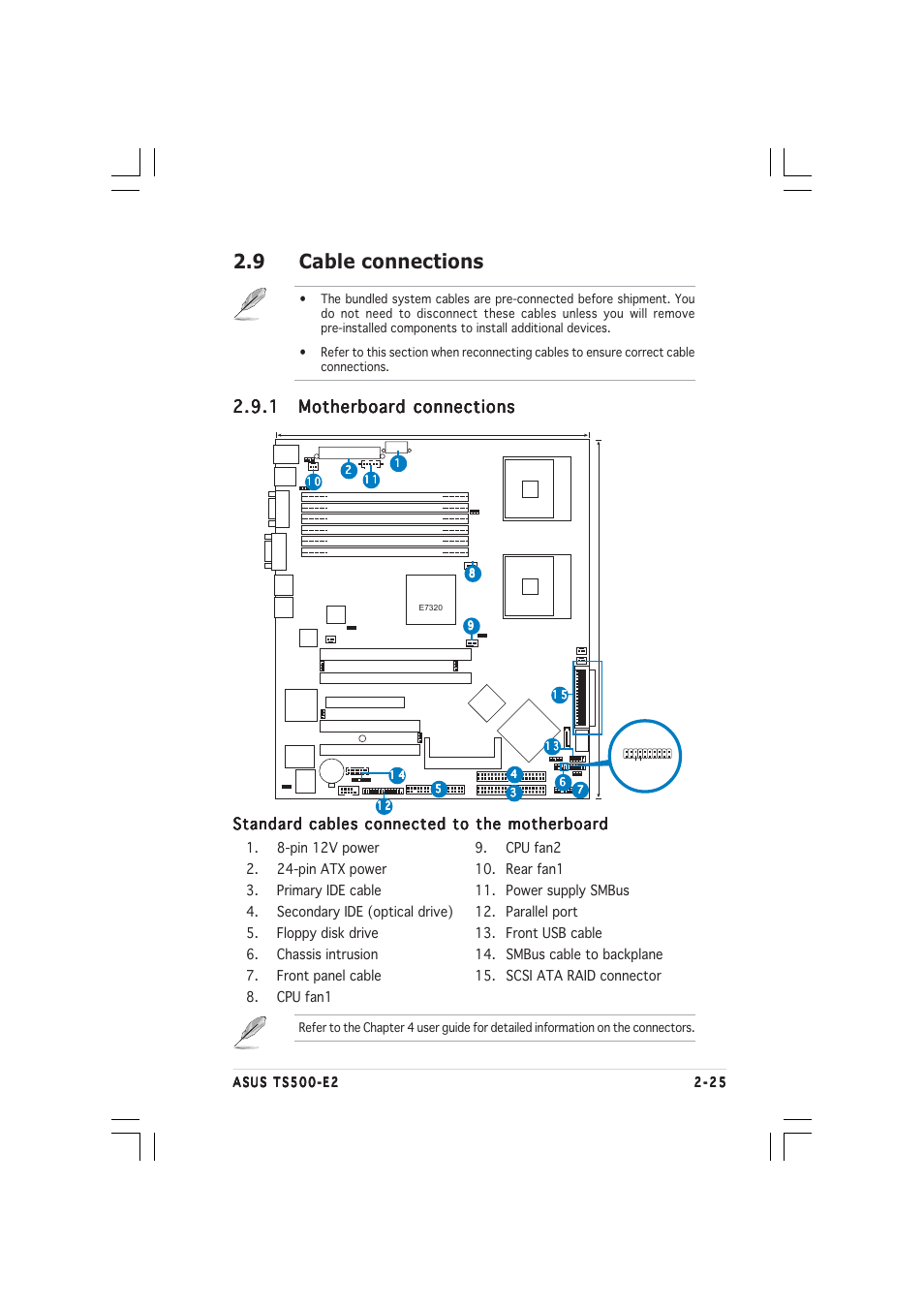 9 cable connections, Standard cables connected to the motherboard | Asus TS500-E2 User Manual | Page 45 / 186