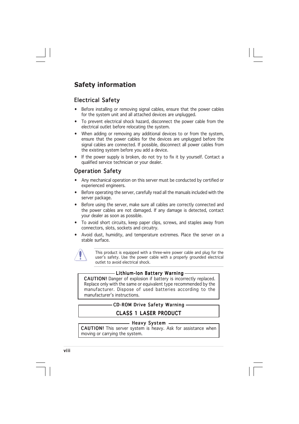 Safety information | Asus TS500-E2 User Manual | Page 8 / 186