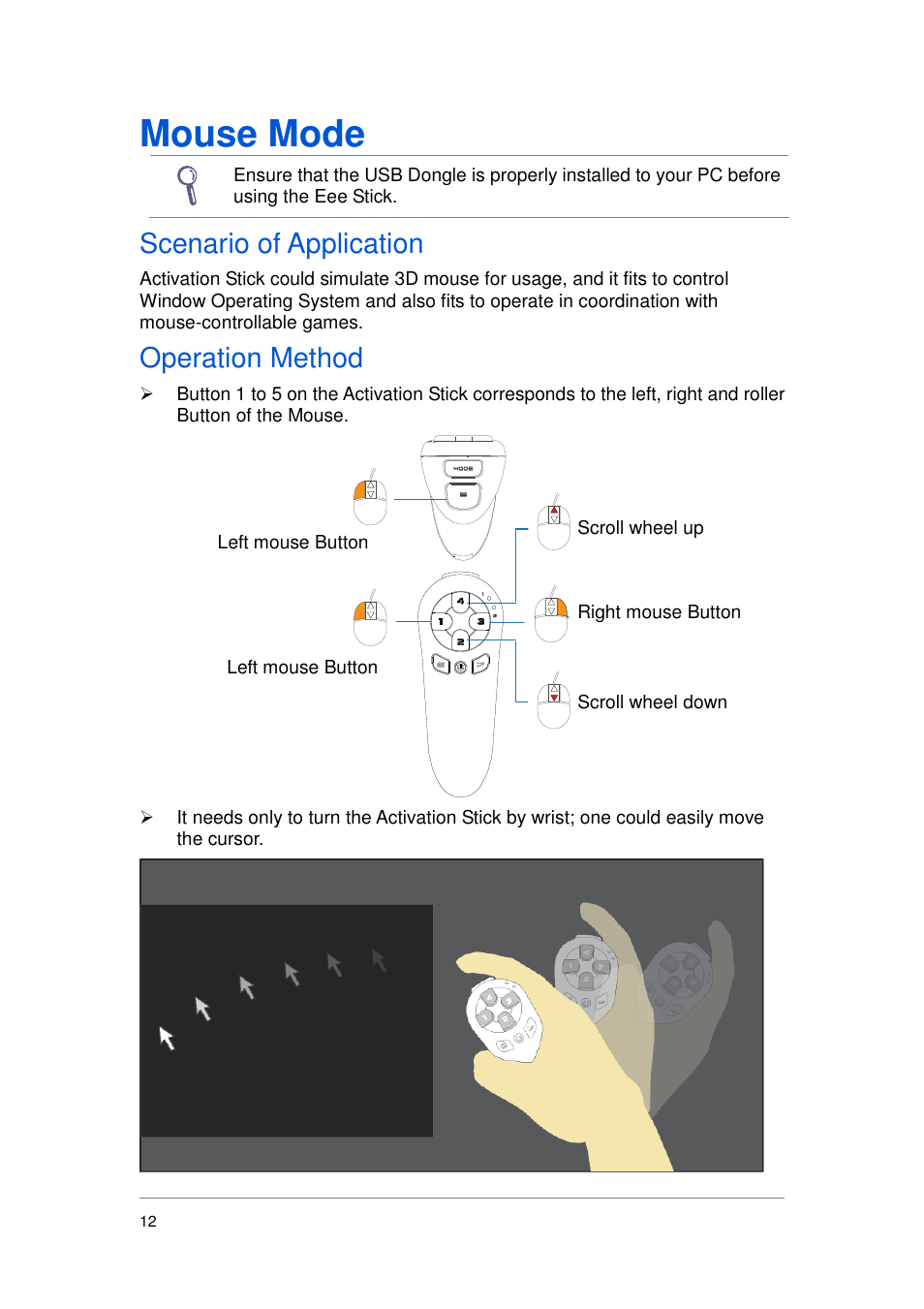 Mouse mode, Scenario of application, Operation method | Asus GMC-1 User Manual | Page 13 / 29