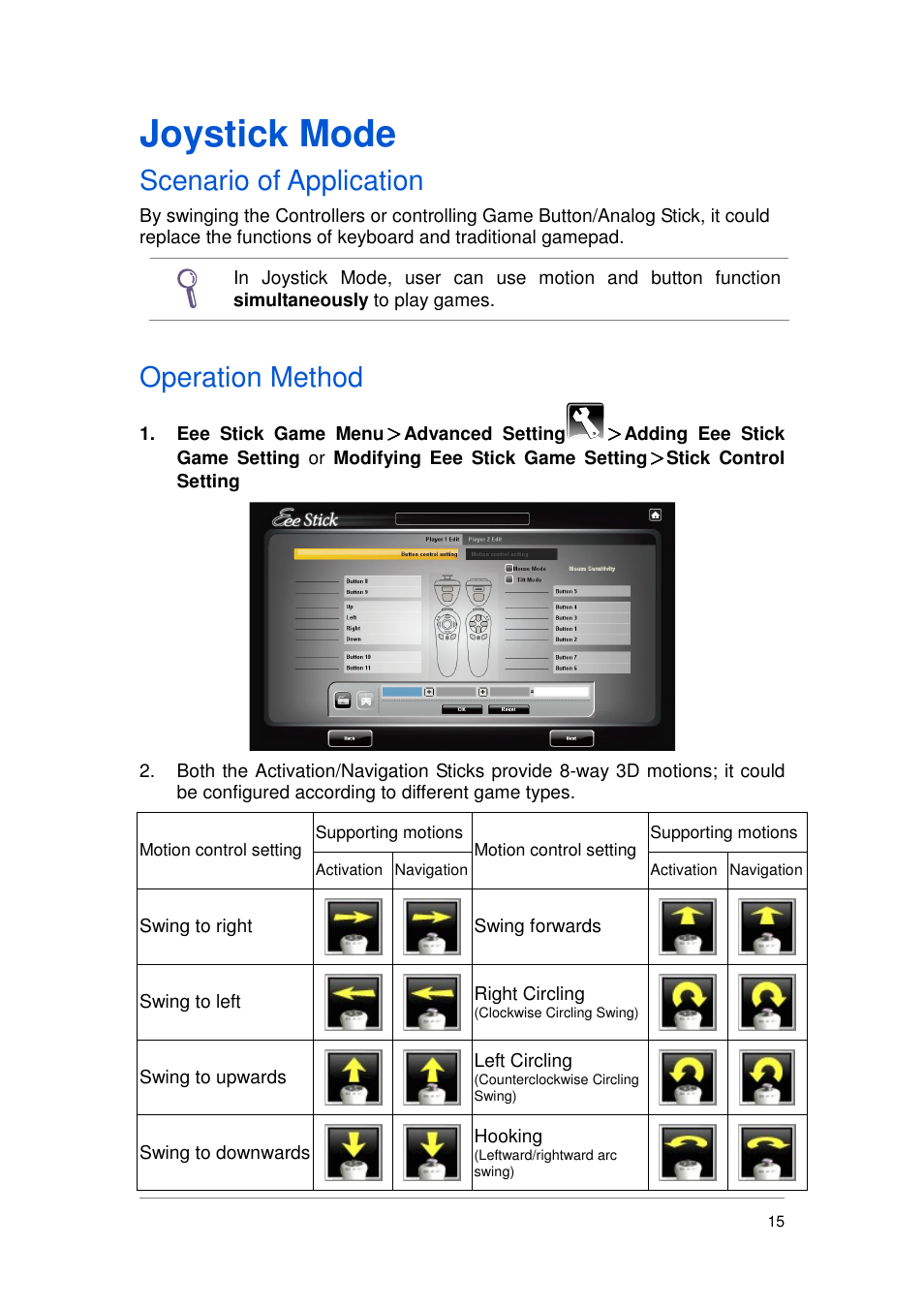 Joystick mode, Scenario of application, Operation method | Asus GMC-1 User Manual | Page 16 / 29