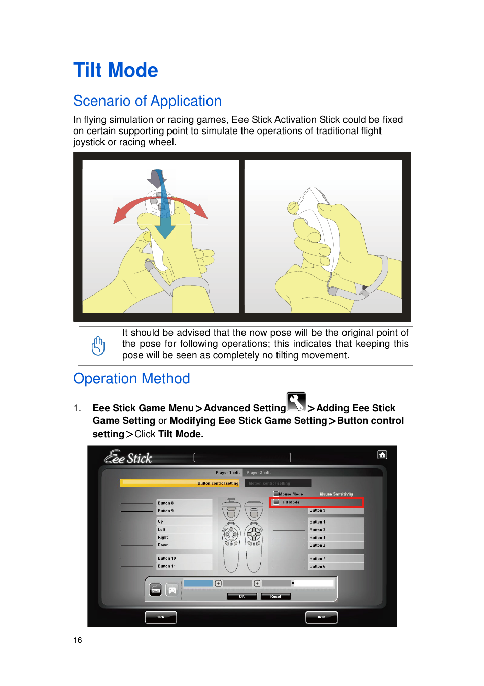 Tilt mode, Scenario of application, Operation method | Asus GMC-1 User Manual | Page 17 / 29