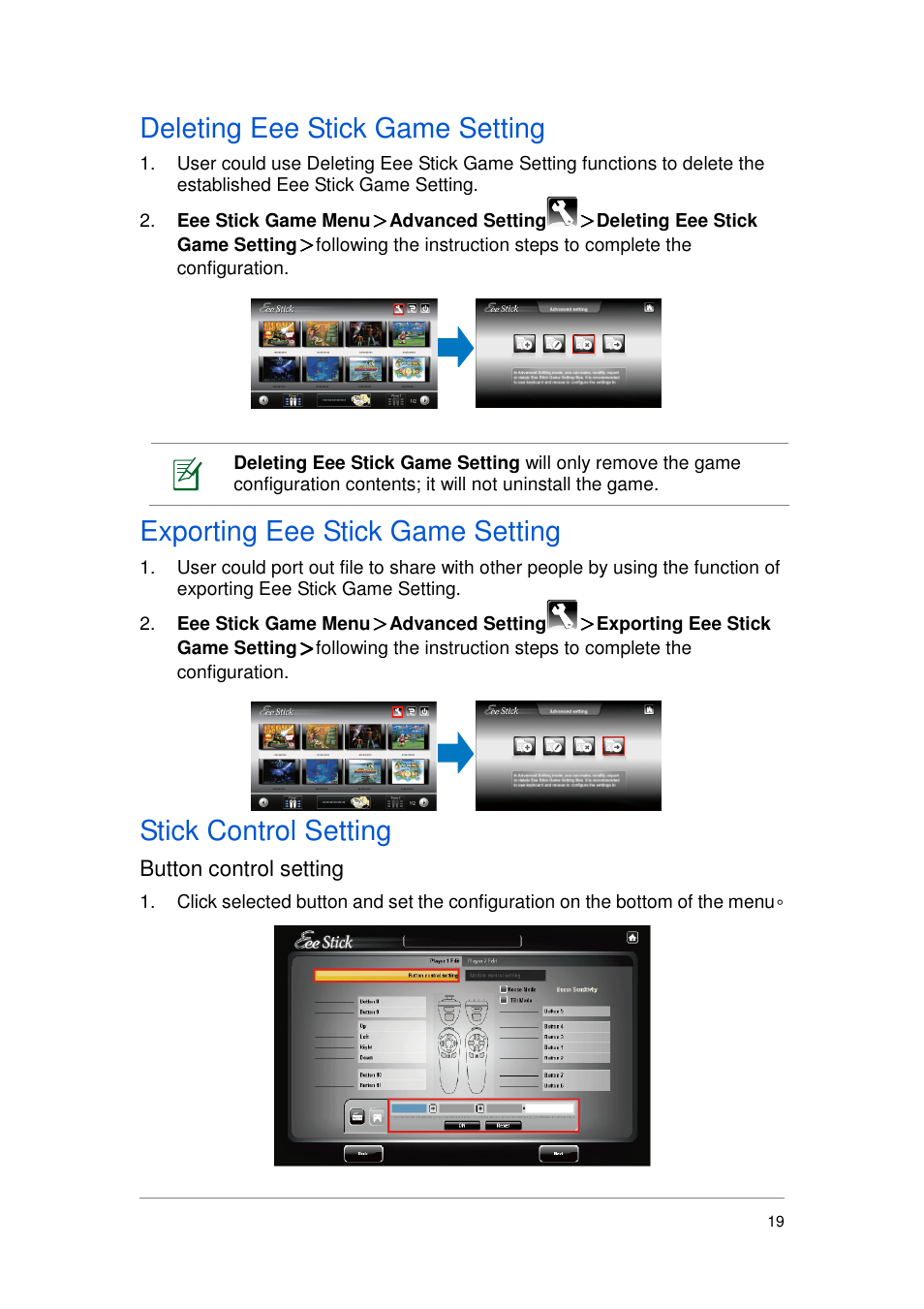 Deleting eee stick game setting, Exporting eee stick game setting, Stick control setting | Asus GMC-1 User Manual | Page 20 / 29