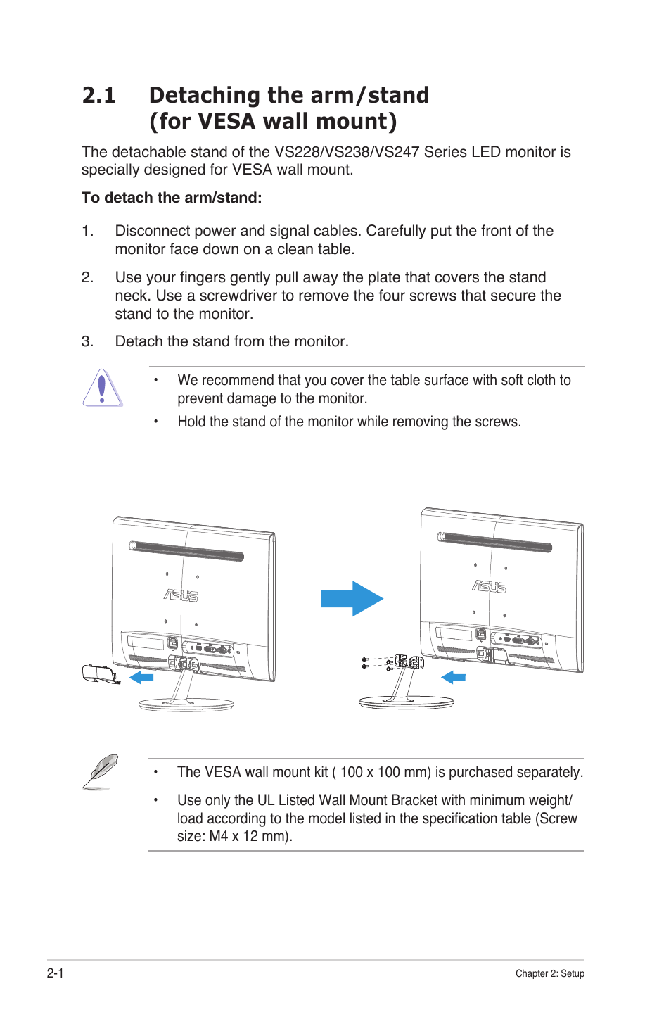 1 detaching the arm/stand (for vesa wall mount) | Asus VS247N User Manual | Page 12 / 20