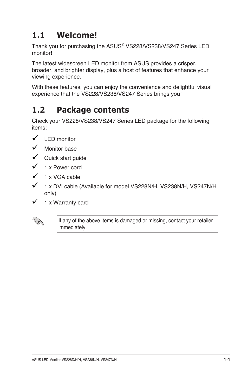 1 welcome, 2 package contents | Asus VS247N User Manual | Page 7 / 20