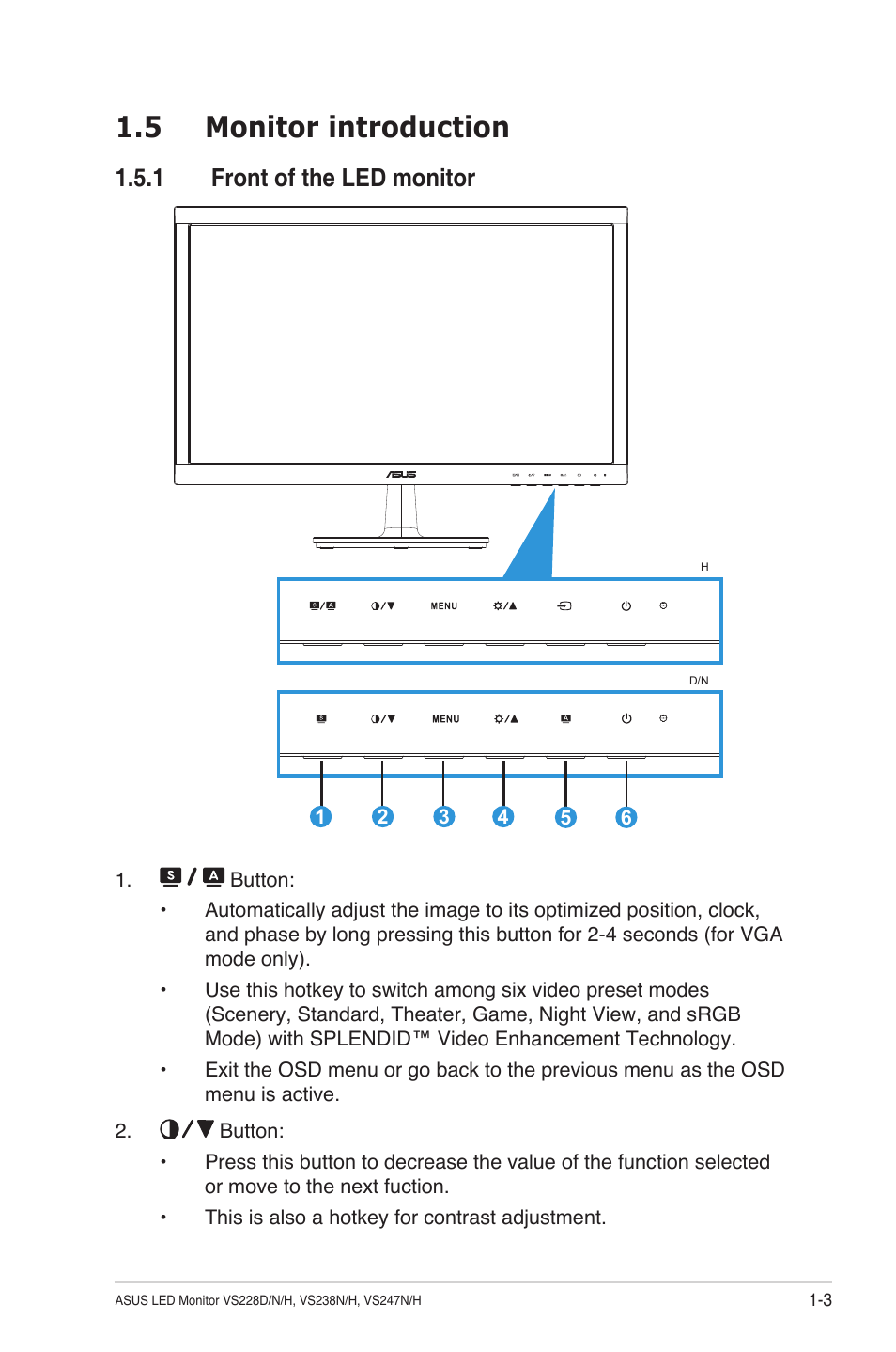 5 monitor introduction, 1 front of the led monitor | Asus VS247N User Manual | Page 9 / 20