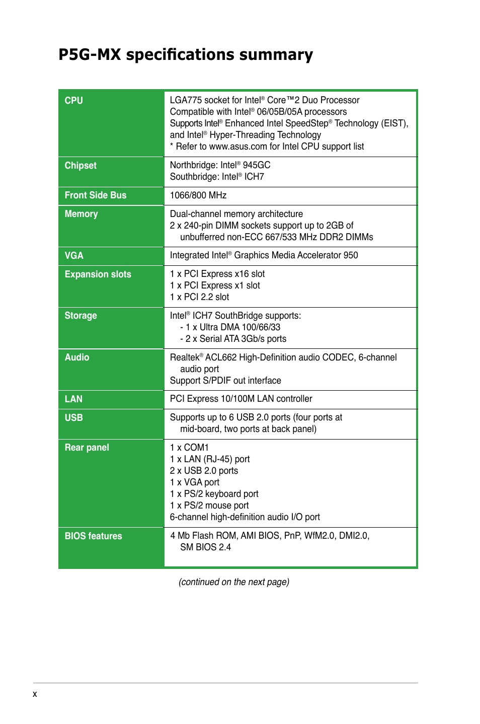 P5g-mx specifications summary | Asus P5G-MX User Manual | Page 10 / 88