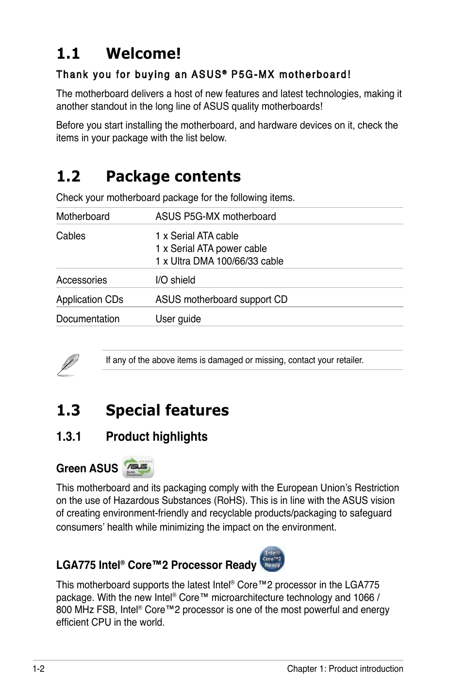 1 welcome, 2 package contents, 3 special features | 1 product highlights | Asus P5G-MX User Manual | Page 14 / 88