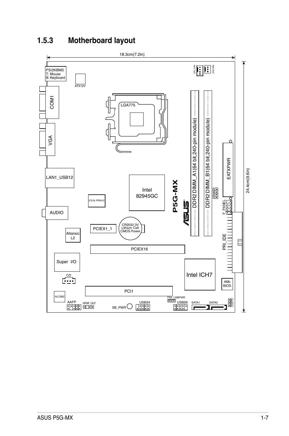 3 motherboard layout, P5g-mx, Asus p5g-mx 1-7 | Intel ich7 | Asus P5G-MX User Manual | Page 19 / 88