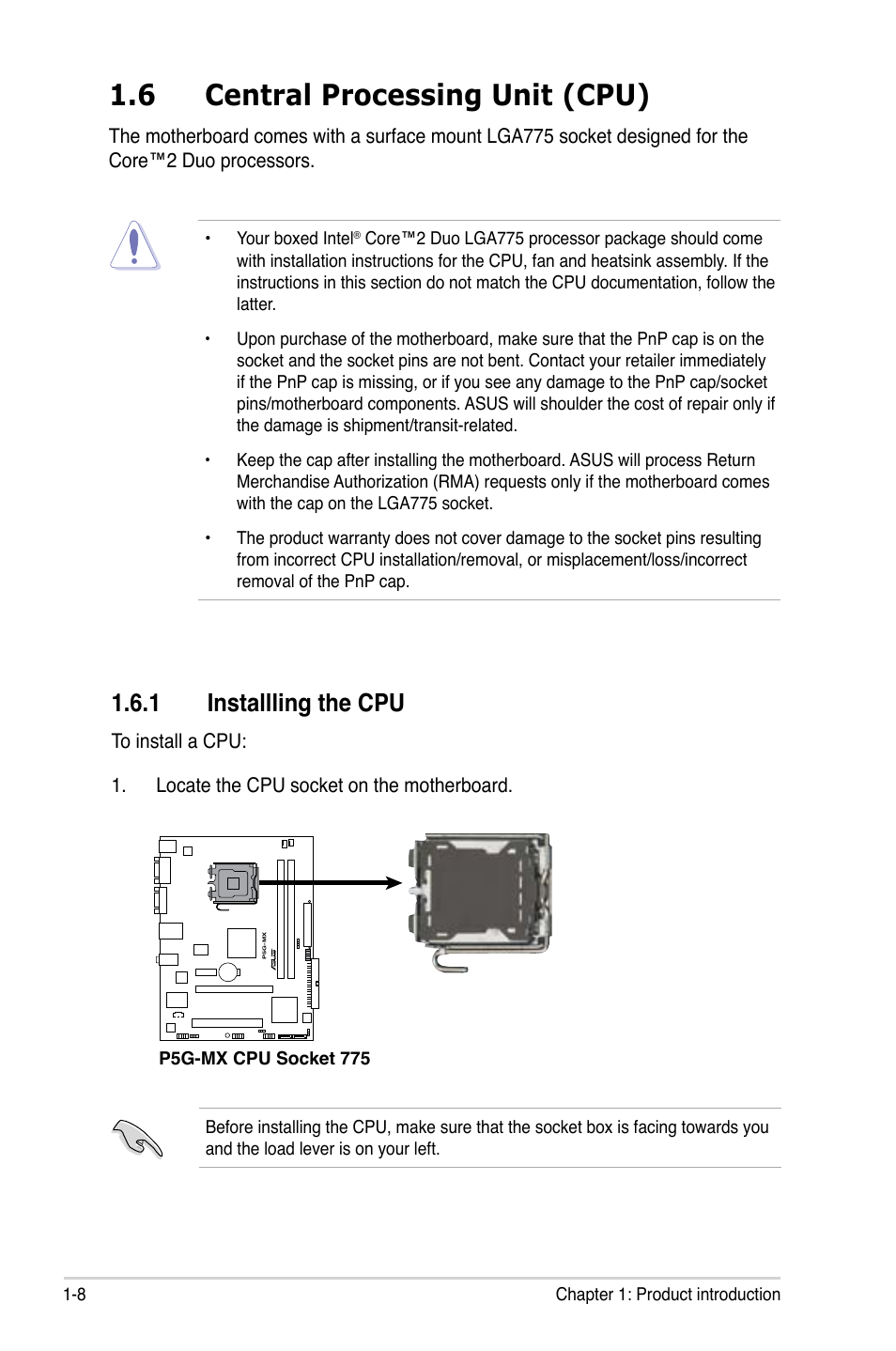 6 central processing unit (cpu), 1 installling the cpu | Asus P5G-MX User Manual | Page 20 / 88