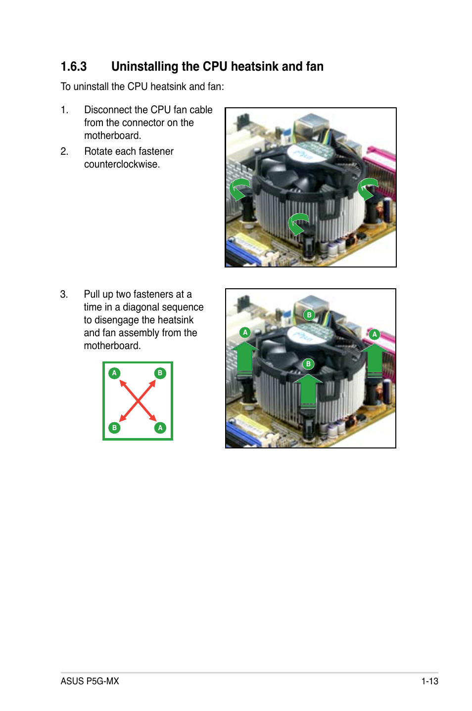 3 uninstalling the cpu heatsink and fan | Asus P5G-MX User Manual | Page 25 / 88