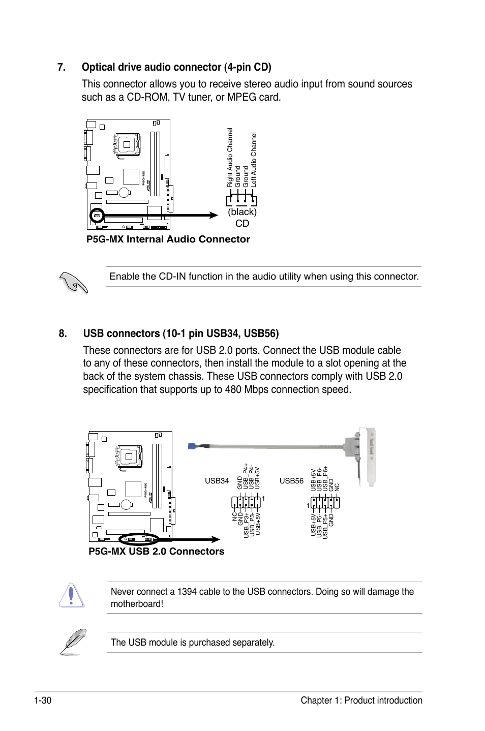 30 chapter 1: product introduction, P5g-mx internal audio connector cd (black), P5g-mx usb 2.0 connectors | Asus P5G-MX User Manual | Page 42 / 88