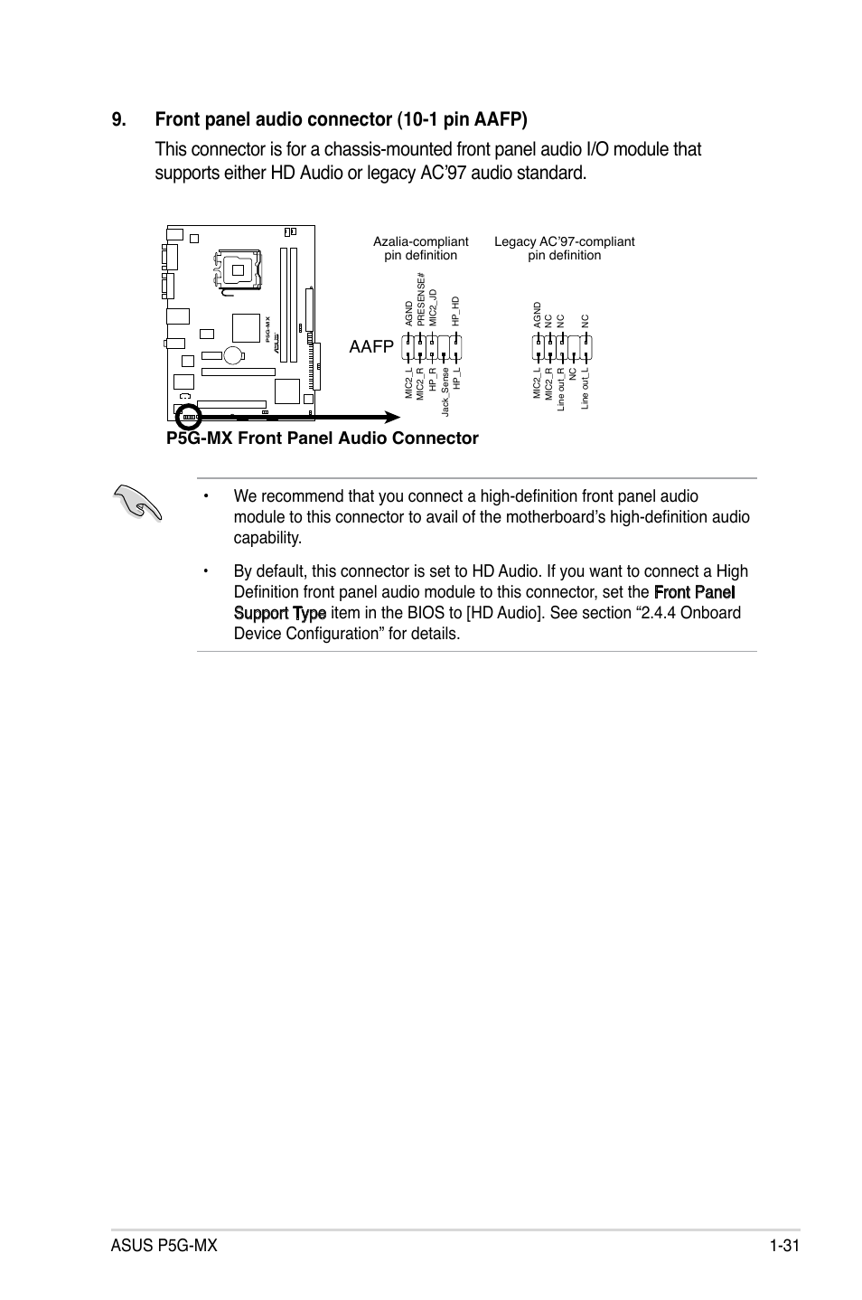 Asus p5g-mx 1-31, P5g-mx front panel audio connector, Aafp | Asus P5G-MX User Manual | Page 43 / 88