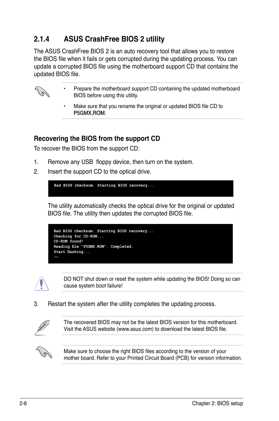 4 asus crashfree bios 2 utility, Recovering the bios from the support cd | Asus P5G-MX User Manual | Page 50 / 88