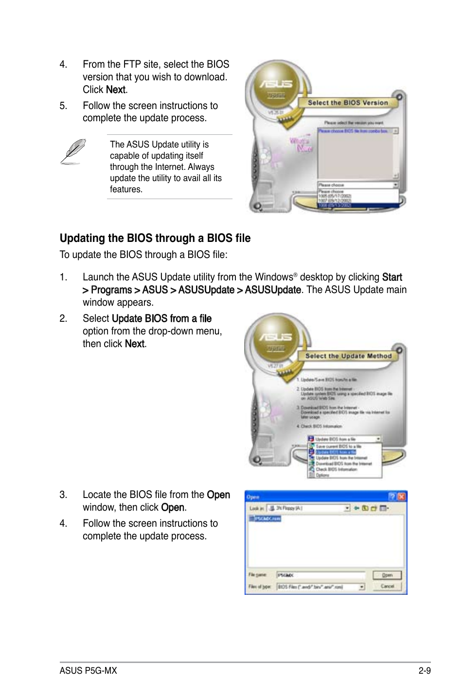 Updating the bios through a bios file | Asus P5G-MX User Manual | Page 53 / 88