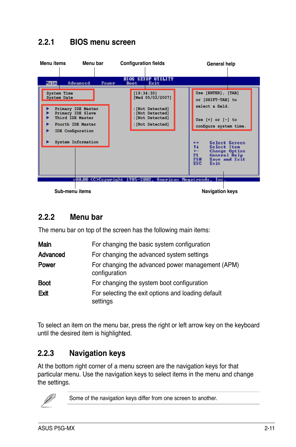 2 menu bar, 1 bios menu screen, 3 navigation keys | Asus P5G-MX User Manual | Page 55 / 88