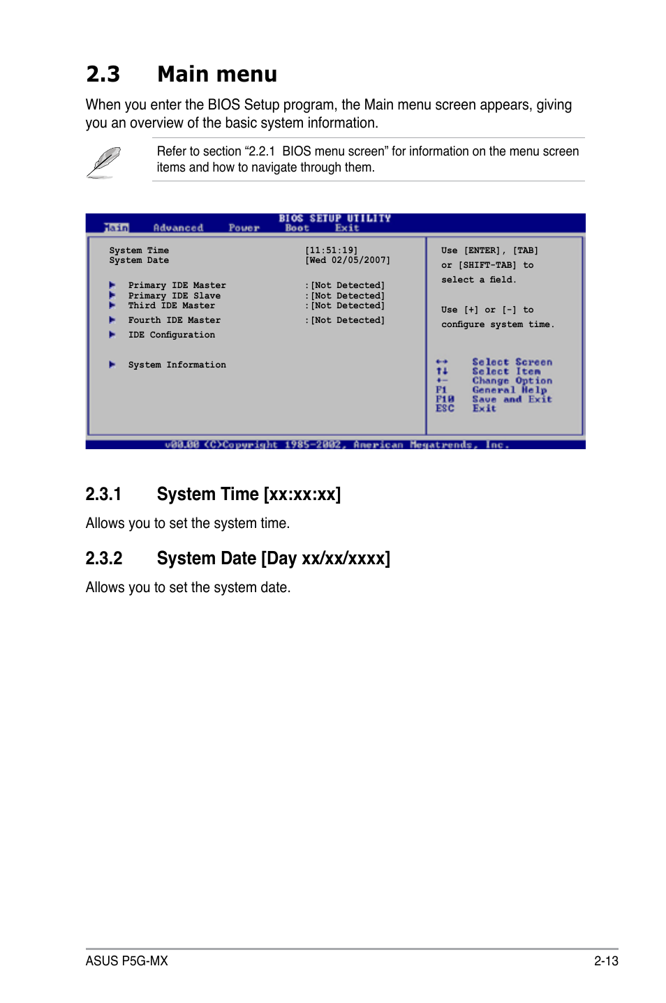 3 main menu, 1 system time [xx:xx:xx | Asus P5G-MX User Manual | Page 57 / 88