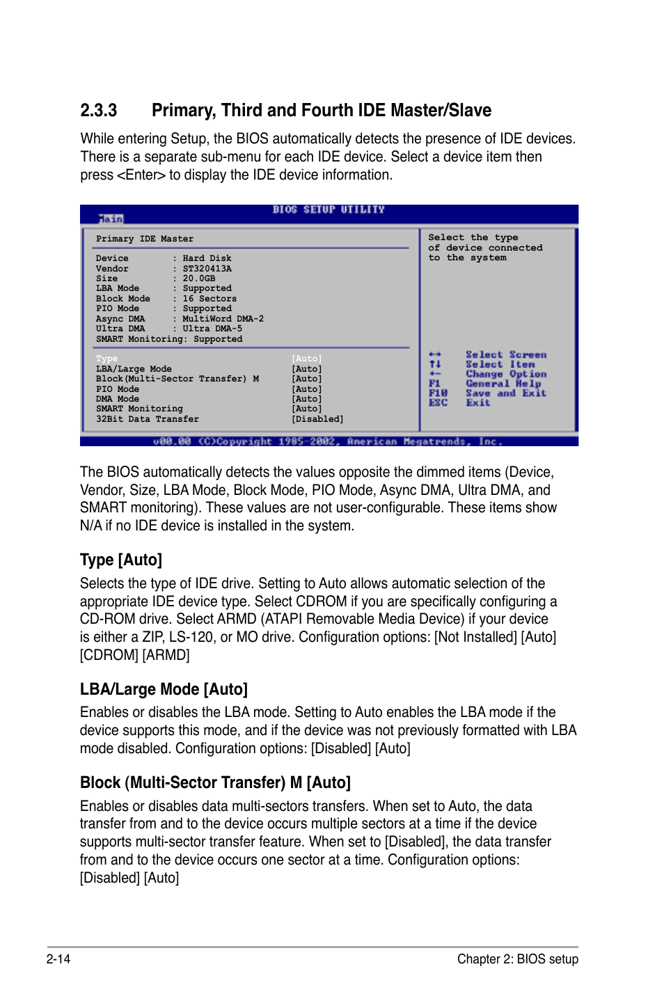 3 primary, third and fourth ide master/slave, Type [auto, Lba/large mode [auto | Block (multi-sector transfer) m [auto | Asus P5G-MX User Manual | Page 58 / 88