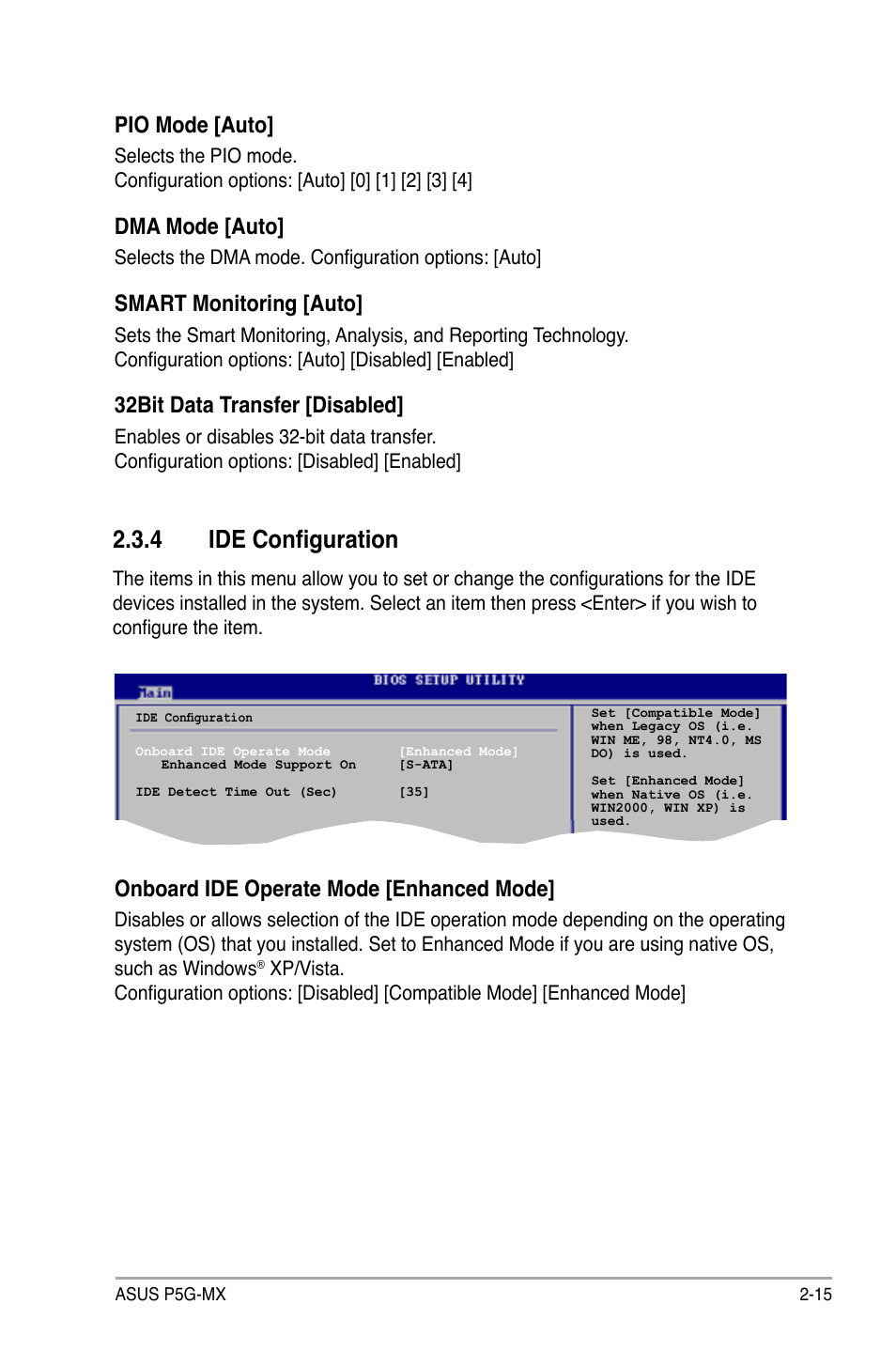 4 ide configuration, Pio mode [auto, Dma mode [auto | Smart monitoring [auto, 32bit data transfer [disabled, Onboard ide operate mode [enhanced mode | Asus P5G-MX User Manual | Page 59 / 88