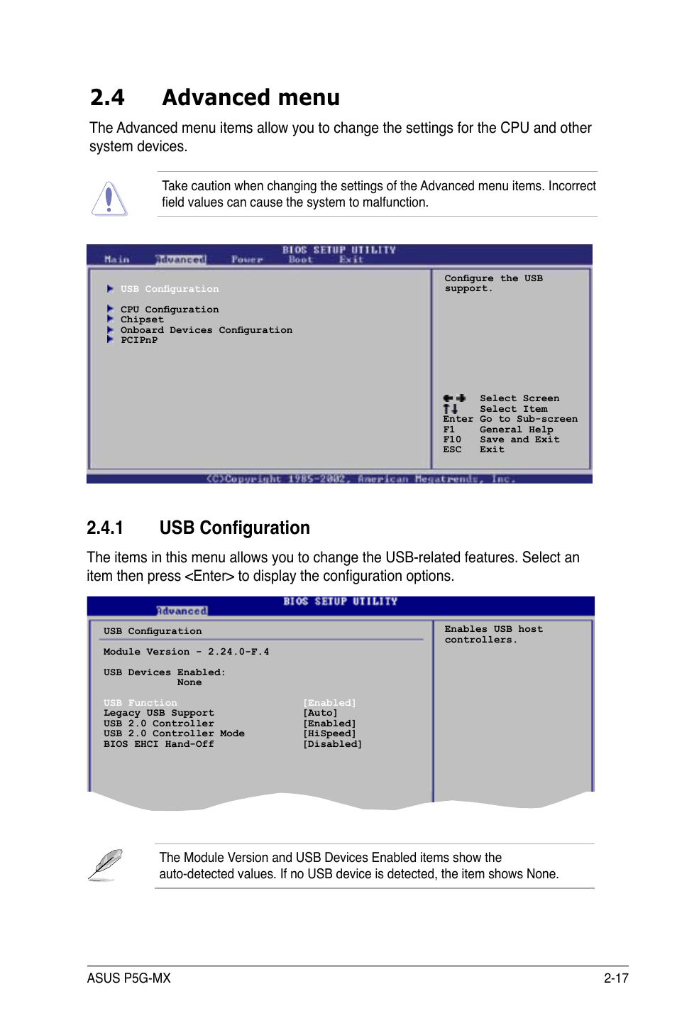 4 advanced menu, 1 usb configuration | Asus P5G-MX User Manual | Page 61 / 88