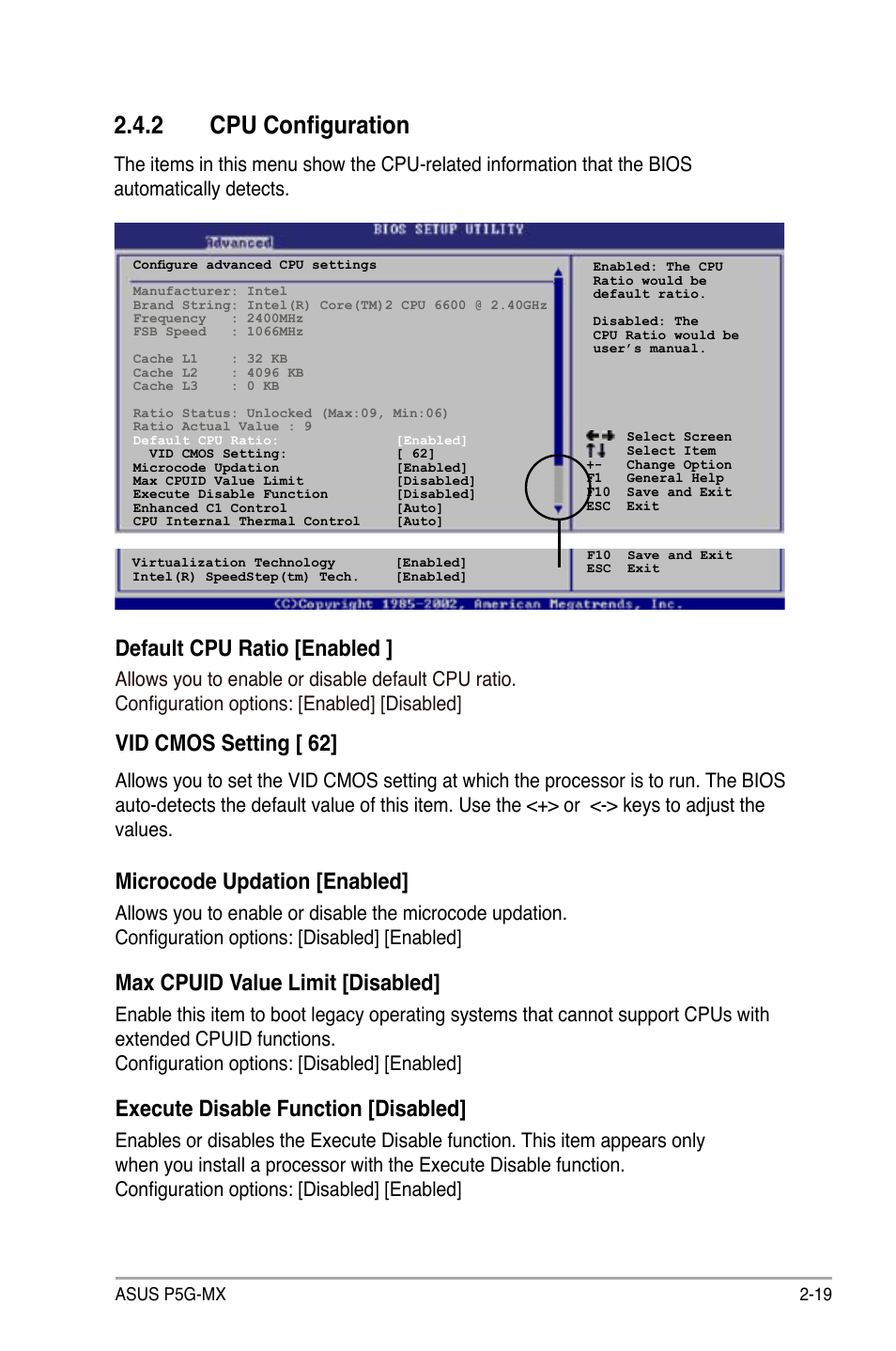 2 cpu configuration, Default cpu ratio [enabled, Vid cmos setting [ 62 | Microcode updation [enabled, Max cpuid value limit [disabled, Execute disable function [disabled | Asus P5G-MX User Manual | Page 63 / 88