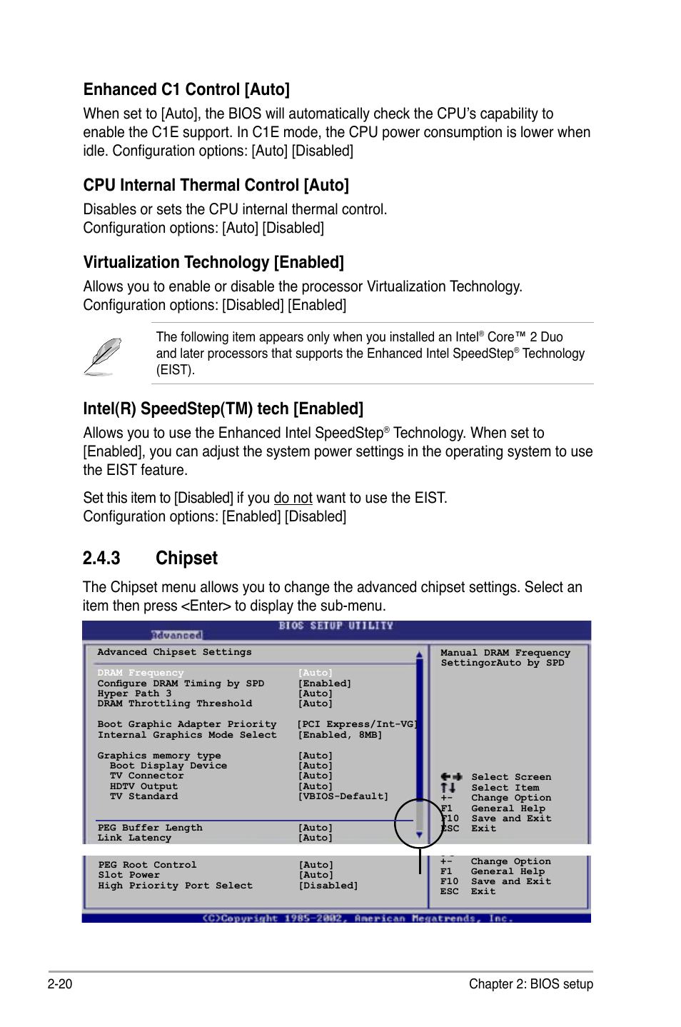 3 chipset, Enhanced c1 control [auto, Cpu internal thermal control [auto | Virtualization technology [enabled, Intel(r) speedstep(tm) tech [enabled, Allows you to use the enhanced intel speedstep | Asus P5G-MX User Manual | Page 64 / 88