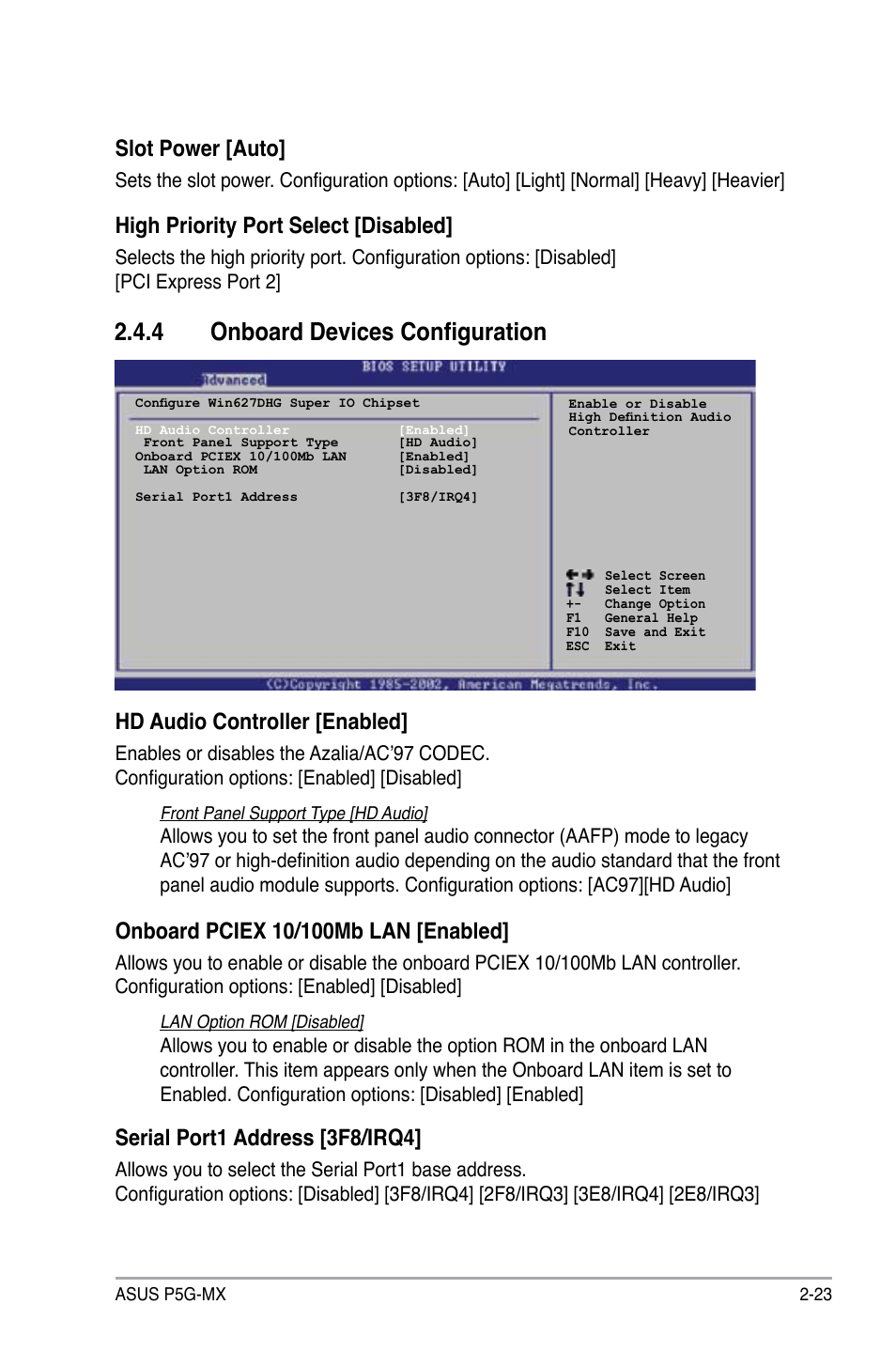 4 onboard devices configuration, Hd audio controller [enabled, Serial port1 address [3f8/irq4 | Slot power [auto, High priority port select [disabled | Asus P5G-MX User Manual | Page 67 / 88