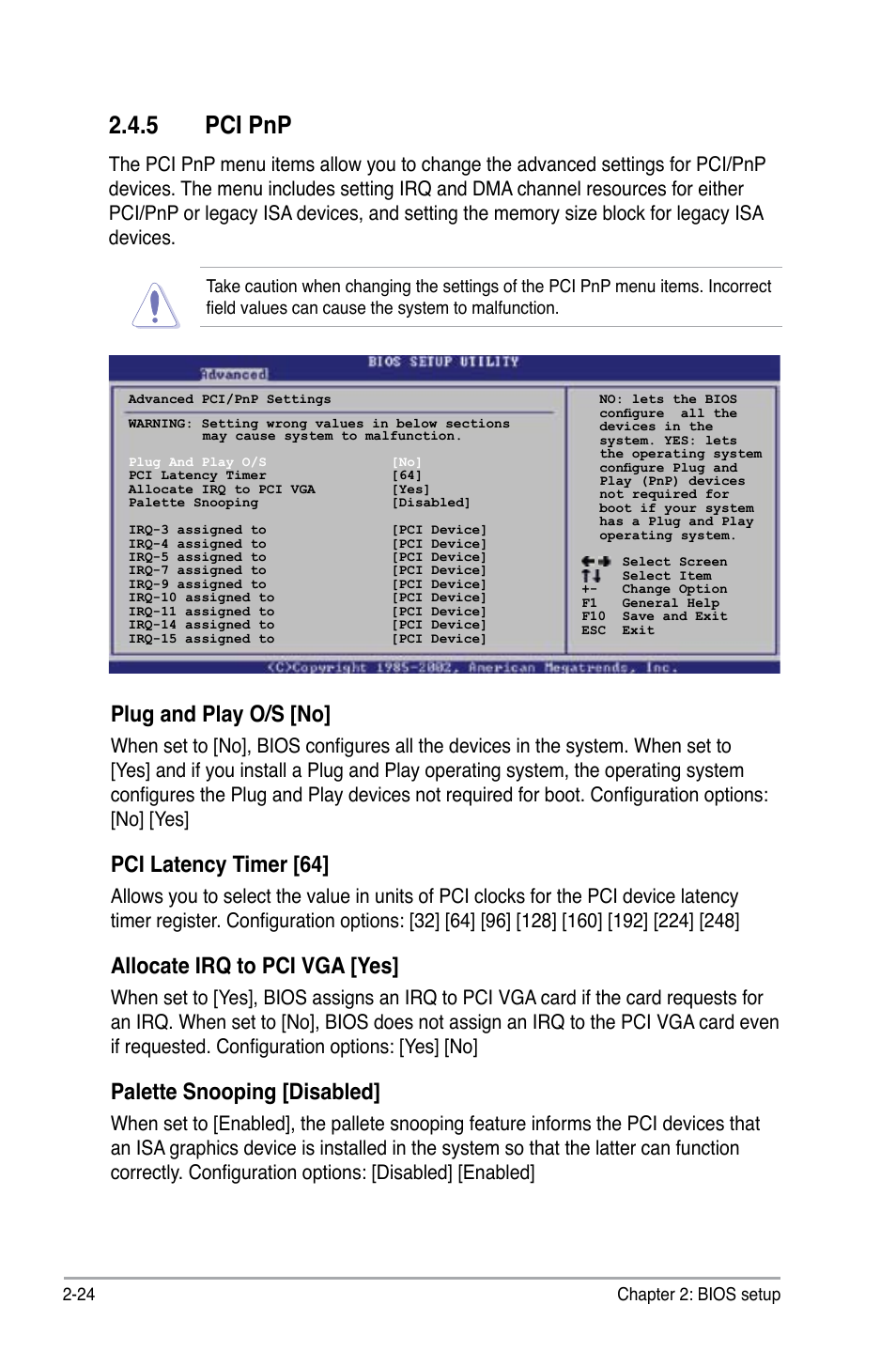 5 pci pnp, Plug and play o/s [no, Pci latency timer [64 | Allocate irq to pci vga [yes, Palette snooping [disabled | Asus P5G-MX User Manual | Page 68 / 88