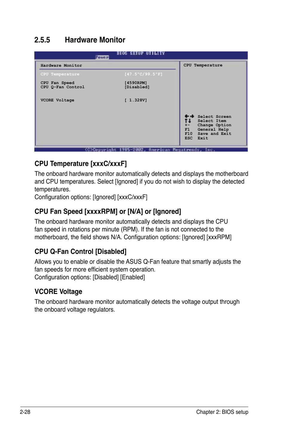 5 hardware monitor, Cpu temperature [xxxc/xxxf, Cpu q-fan control [disabled | Vcore voltage | Asus P5G-MX User Manual | Page 72 / 88