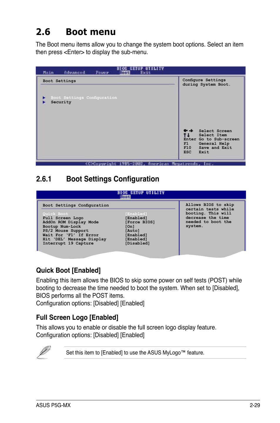 6 boot menu, 1 boot settings configuration, Quick boot [enabled | Full screen logo [enabled | Asus P5G-MX User Manual | Page 73 / 88