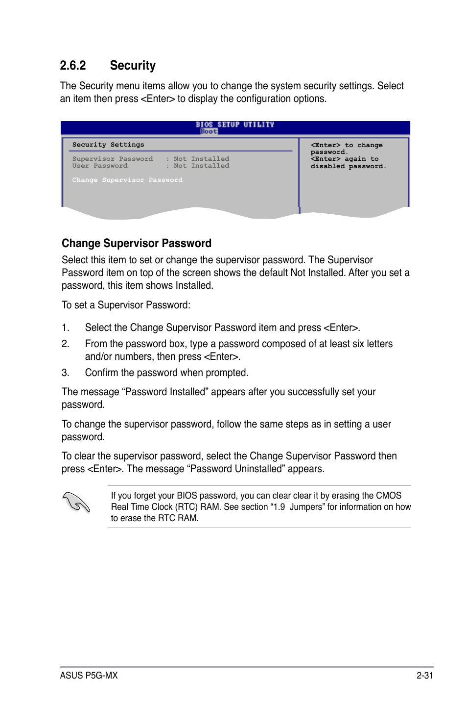 2 security, Change supervisor password | Asus P5G-MX User Manual | Page 75 / 88